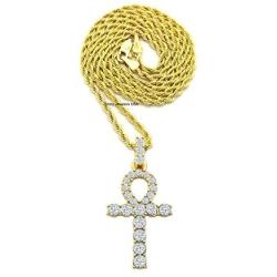 Shiny Jewelers USA Mens ICED Out Micro Pave Egyptian ANKH Cross (Key of Life) Pendant Rope Chain 18'',20'',22,24'',30'' Necklace