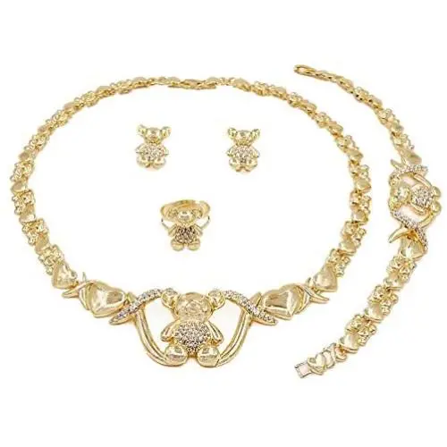 Yulaili XO Teddy Bear 18K Gold Plated Necklace Earrings Bracelet Ring Bridal Jewelry Sets for Women Jewellery Display Yulaili XO Teddy Bear 18K Gold Plated Necklace Earrings Bracelet Ring Bridal Jewelry Sets for Women Jewellery Display