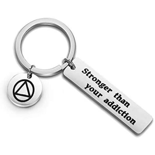 HOLLP Sobriety Keychain Recovery Gift Stronger Than Your Addiction AA Gift NA Gift Addiction Recovery Keychain Sober Birthday Gift