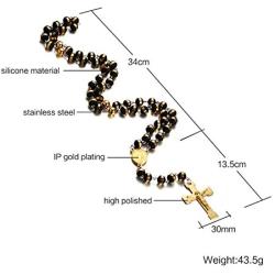JAJAFOOK Mens Black Stainless Steel Black Gold Silicone Beads Rosary Necklace with Cross Pendant