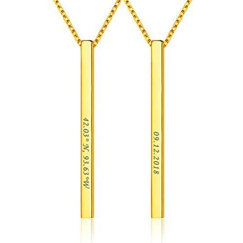 Simple Bar Necklace Personalized Name Date Jewelry 925 Sterling Silver Chain Mantra Message Engravable Vertical Bar Pendant Necklace for Women Girls, with Gift Box