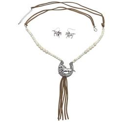Long Faux Suede Tassel Fringe Western Style Necklace & Earrings Set - Assorted Styles