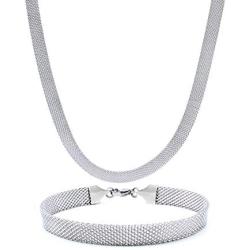 HMIXN Mesh Chain Necklace Choker Bracelet Set for Women, Stainless Steel Weaved Wide Link in 8mm, Jewelry with 13.8''+2'' 7.3''