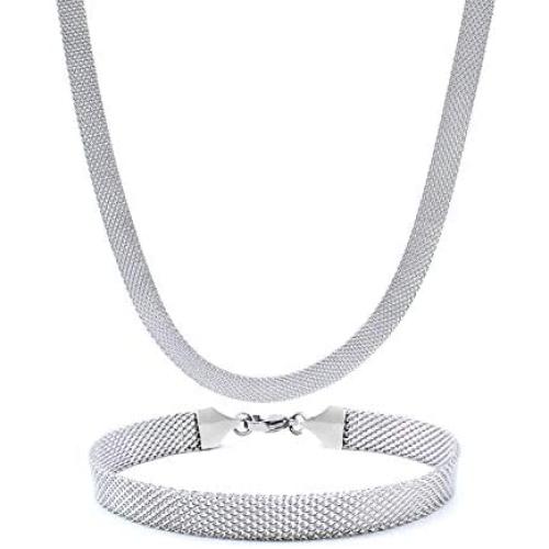 HMIXN Mesh Chain Necklace Choker Bracelet Set for Women, Stainless Steel Weaved Wide Link in 8mm, Jewelry with 13.8''+2'' 7.3''