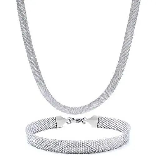 HMIXN Mesh Chain Necklace Choker Bracelet Set for Women, Stainless Steel Weaved Wide Link in 8mm, Jewelry with 13.8''+2'' 7.3''