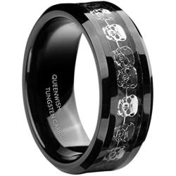 Queenwish 8mm Black Tungsten Carbide Skull Rings Men Women Fashion Wedding Band Unique Bridal Jewelry Size 6-13