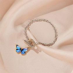 Blue Butterfly Silver Chain Pendant Bracelet for Women and Girls Adjustable Silver Bracelet