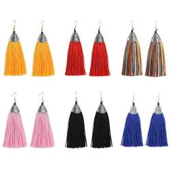 SMALLLOVE 6 Pairs Bohemian Tassel Fringe Earrings Set for Women Girls Vintage Silver Fish Mouth Long Dangling Thread Boho Ethnic Dangle Drop Statement Earrings Jewelry