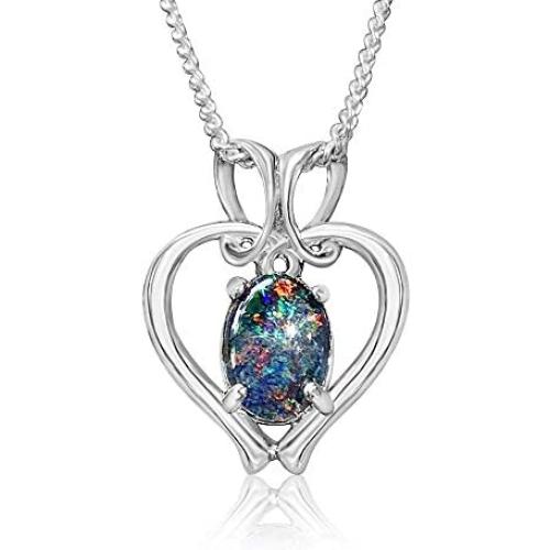 Opal Modern Heart Necklace by Alcheri | Natural Opal Triplet Sterling Silver Necklace for Women, 18''