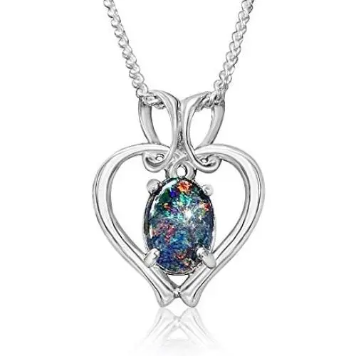 Opal Modern Heart Necklace by Alcheri | Natural Opal Triplet Sterling Silver Necklace for Women, 18''