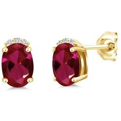 Gem Stone King 18K Yellow Gold Plated Silver Red Created Ruby and White Lab Grown Diamond Earrings For Women (2.06 Cttw, Oval 7X5MM)