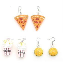 3 Pairs Pizza Hamburger Popcorn Dangle Earrings Set Polymer Clay Handmade Simulation Food Drop Earrings Cute Unique Resin Novelty Food Earrings Set for Women Girls Jewelry