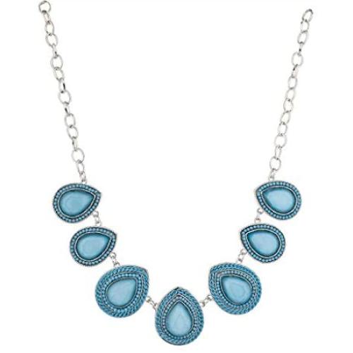 Lux Accessories Sky Blue and Silver Teardrop Shape Statement Necklace