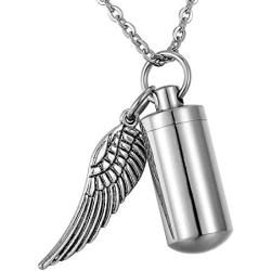 HooAMI Angel Wing Charm & Cylinder Memorial Urn Necklace Stainless Steel Cremation Jewelry