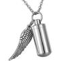 HooAMI Angel Wing Charm & Cylinder Memorial Urn Necklace Stainless Steel Cremation Jewelry