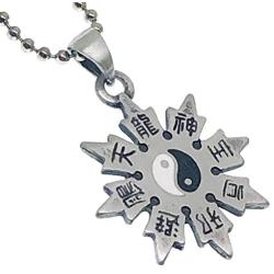 Throwing Star Yin Yang Jewelry Shaolin Shuriken Kung-Fu Chinese Ninja Ninjitsu Shinto Pewter Mens Pendant Necklace Wealth Money Lucky Charm Protection Amulet Medallion Choker W Silver Ball Chain