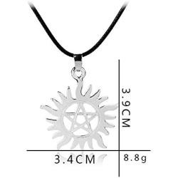 RUIZHEN Silver Supernatural Star Pentacle Pentagram Sun Pendant Men Necklace Wicca Pagan Jewelry Leather Rope Chain