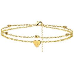 Initial Anklet Bracelets for Women Dainty Layered Beads Heart Letter Gold Ankle Bracelets for Teen Girls Foot Ankle Jewelry (S)