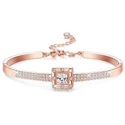 Sllaiss Rose Gold Swarovski Crystal Bangle Bracelet for Women Square Cuff Bracelet with Adjustable Chain Jewelry for Birthday Anniversary