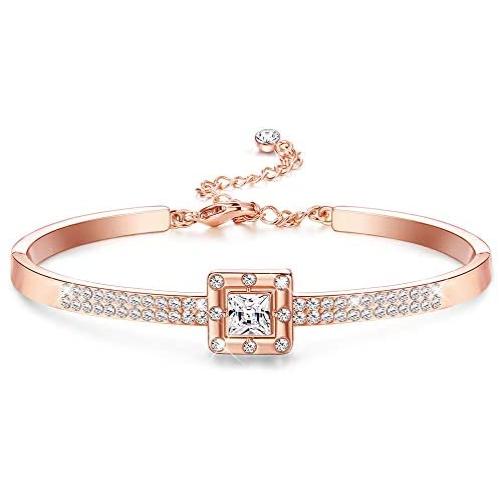 Sllaiss Rose Gold Swarovski Crystal Bangle Bracelet for Women Square Cuff Bracelet with Adjustable Chain Jewelry for Birthday Anniversary