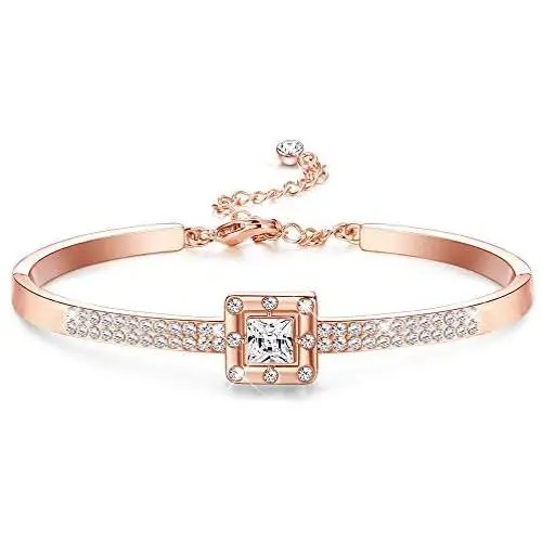 Sllaiss Rose Gold Swarovski Crystal Bangle Bracelet for Women Square Cuff Bracelet with Adjustable Chain Jewelry for Birthday Anniversary Sllaiss Rose Gold Swarovski Crystal Bangle Bracelet for Women Square Cuff Bracelet with Adjustable Chain Jewelry for Birthday Anniversary