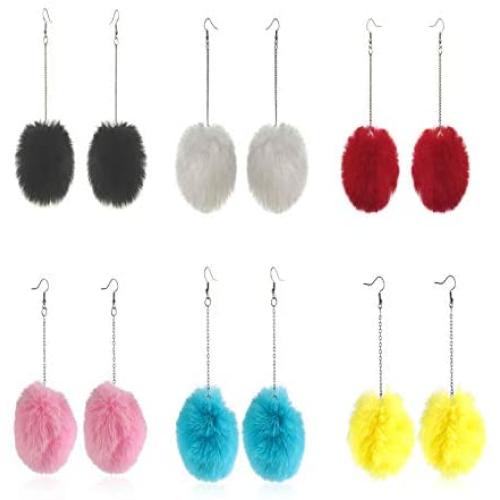 6Pairs Colorful Faux Fur Round Ball Plush Pom Pom Drop Dangle Big Earrings Lovely Cute Long Tassel Statement Fluffy Earrings for Women Girl Girlfriend Christmas Valentines Jewelry Gift