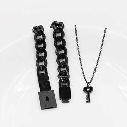 Uloveido Titanium Steel Key Pendant Necklace and Square Lock Bangle Bracelet Set for Couples Valetines Gifts