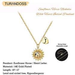 Turandoss Horse Gifts for Girls, 14K Gold Plated Heart Initial Pendant Horse Necklace for Girls Personalized Sunflower Horse Necklace Horse Gifts for Girls