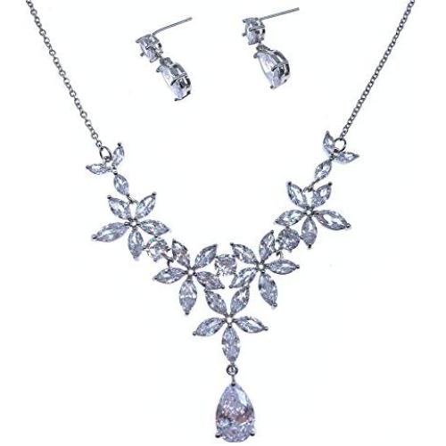 Roseeden Woman Wedding Party CZ Jewelry Bridal Zirconia Necklace and Earrings Set RE8064