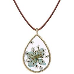 FM FM42 Pressed Dried Flowers Teardrop Shape Pendant Necklace FN4005