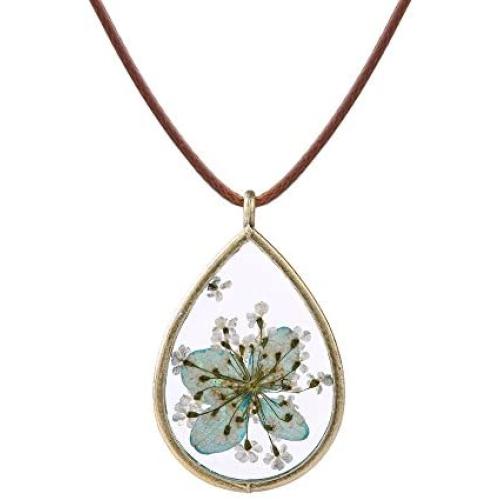 FM FM42 Pressed Dried Flowers Teardrop Shape Pendant Necklace FN4005