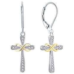 YL Cross Earrings 925 Sterling Silver Infinity Leverback Earrings Cross Dangle Drop Religious Jewelry Christian Baptism Gift