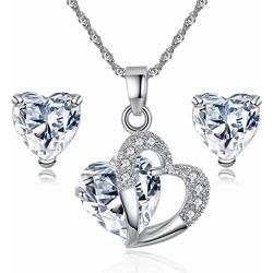 Elegant Ladies Heart-Shaped Pendant Necklace with Earrings Three-Piece Set Valentines Day Jewelry Gifts (White)