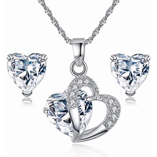 Elegant Ladies Heart-Shaped Pendant Necklace with Earrings Three-Piece Set Valentines Day Jewelry Gifts (White)