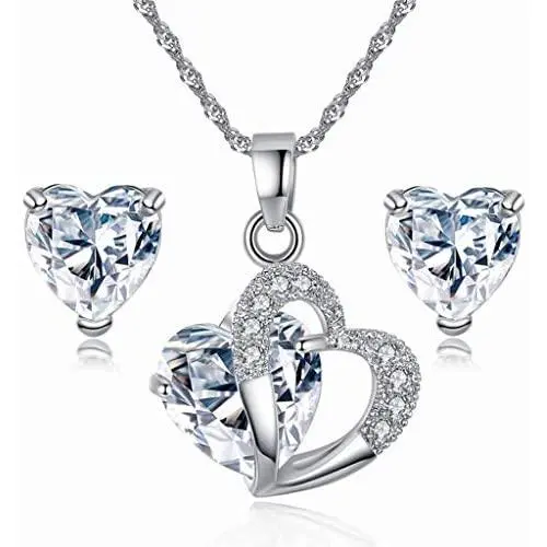 Elegant Ladies Heart-Shaped Pendant Necklace with Earrings Three-Piece Set Valentines Day Jewelry Gifts (White) Elegant Ladies Heart-Shaped Pendant Necklace with Earrings Three-Piece Set Valentines Day Jewelry Gifts (White)