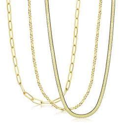 Florideco 3 Pcs Gold Plated Figaro Chain Necklace Stainless Steel Paperclip Link Chain Necklace for Women Men Dainty Flat Herringbone Chain 4mm Wide 16-24 Inch