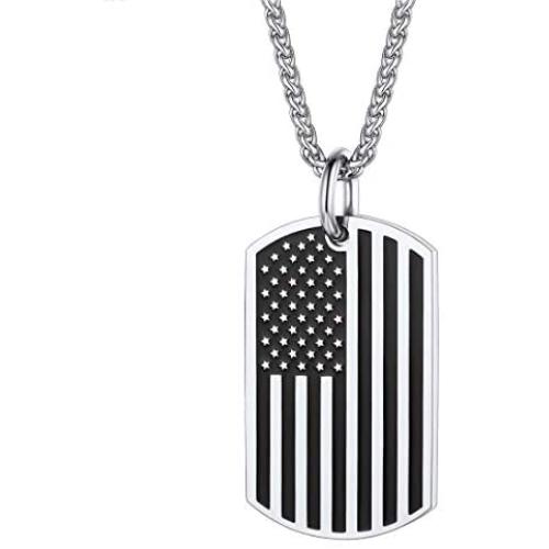 Mens Military Tag Necklace Stainless Steel Vintage Black Enamel Star US America Flag Dog Tag Pendant Necklaces with Chain 22 Inch