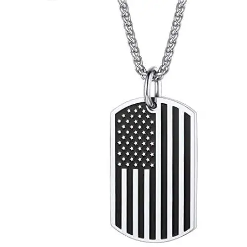 Mens Military Tag Necklace Stainless Steel Vintage Black Enamel Star US America Flag Dog Tag Pendant Necklaces with Chain 22 Inch