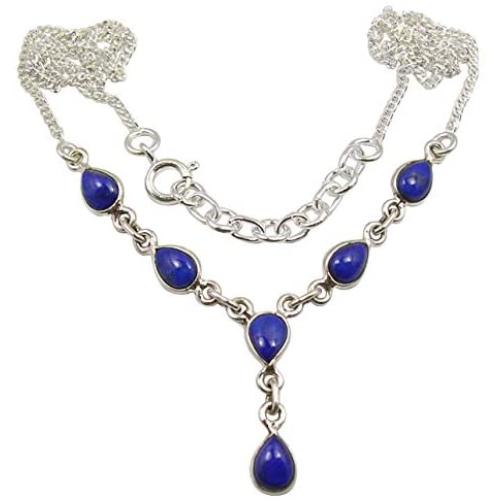 SilverStarJewel Solid Sterling Silver Navy Blue Drop Lapis Lazuli Chain Necklace 18.7''