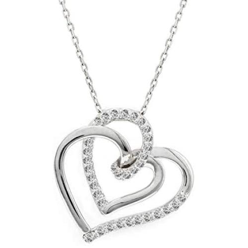 Quality Jewels .30 Carats Diamond Heart Pendant Necklace, 925 Sterling Silver Heart Necklace for Women and Girls, 18'' Adjustable Cable Chain
