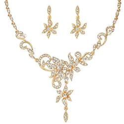 EVER FAITH Womens Austrian Crystal Bridal Floral Vine Leaf Necklace Earrings Set Clear