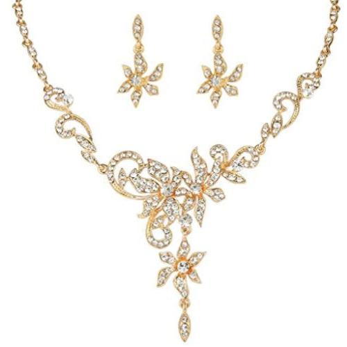 EVER FAITH Womens Austrian Crystal Bridal Floral Vine Leaf Necklace Earrings Set Clear