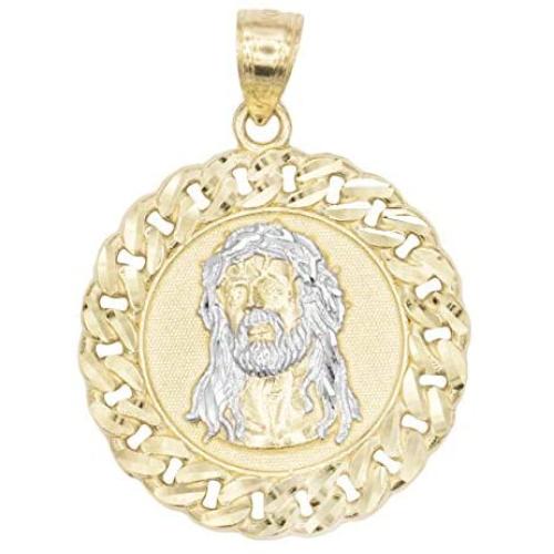 Ice on Fire Jewelry 10k Solid Two Tone White and Yellow Gold Jesus Head Pendant, Diamond Cut Finish Religious Prayer Medal