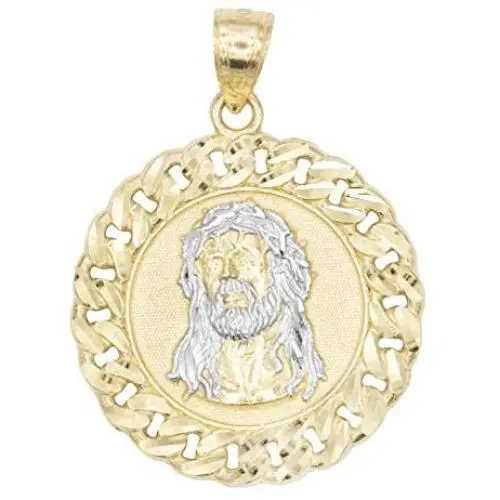 Ice on Fire Jewelry 10k Solid Two Tone White and Yellow Gold Jesus Head Pendant, Diamond Cut Finish Religious Prayer Medal Ice on Fire Jewelry 10k Solid Two Tone White and Yellow Gold Jesus Head Pendant, Diamond Cut Finish Religious Prayer Medal