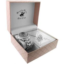 Beverley Hills Polo Club Womens Quartz Silver Watch Set - Intricate Heart Necklace - Crystal Star Earrings Included