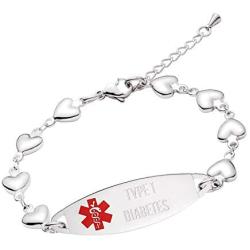 linnalove Heart Medical Alert Bracelet for Women Fashion ID Jewelry 7-8 inches Adjustable