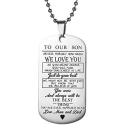 to Our Son We Love You - Dog Tag Necklace for Family - Quote Inspirational Gift for Son - Love Gift from Parents - Silver Tag Neckalce for Men