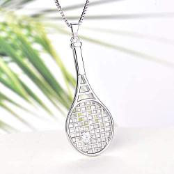 YL Tennis Racket Necklace 925 Sterling Silver Racquet Pendant Cubic Zirconia Jewelry with 18'' Box Chain, CZ Ball/Love Sports