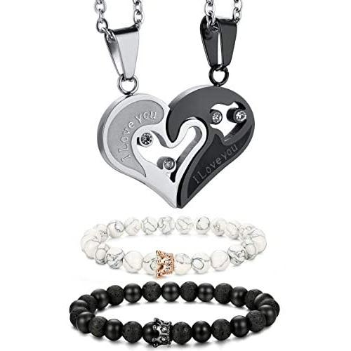 LOLIAS 4Pcs Couple Necklace Bracelets Matching Set for Women Men Love Heart Pendant Necklace Bead His & Hers Bracelets Couple Valentine Gifts Jewelry Set
