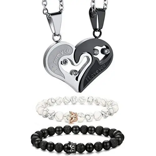 LOLIAS 4Pcs Couple Necklace Bracelets Matching Set for Women Men Love Heart Pendant Necklace Bead His & Hers Bracelets Couple Valentine Gifts Jewelry Set LOLIAS 4Pcs Couple Necklace Bracelets Matching Set for Women Men Love Heart Pendant Necklace Bead His & Hers Bracelets Couple Valentine Gifts Jewelry Set